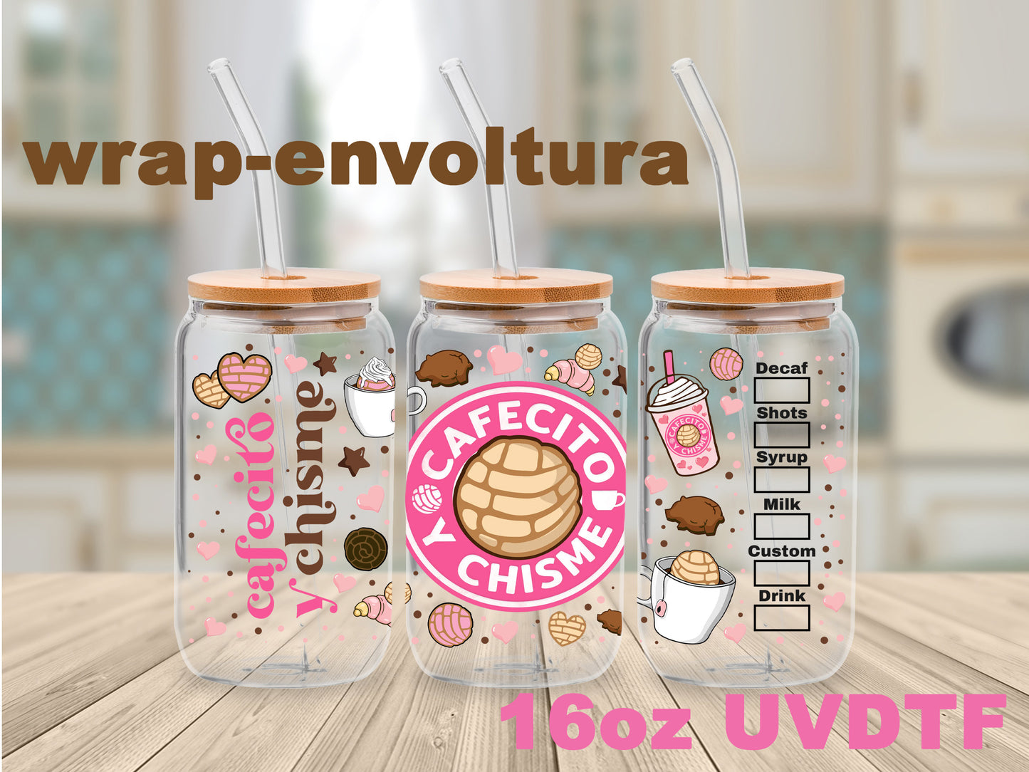 Cafecito y Chisme Rosa uvdtf wrap/envoltura