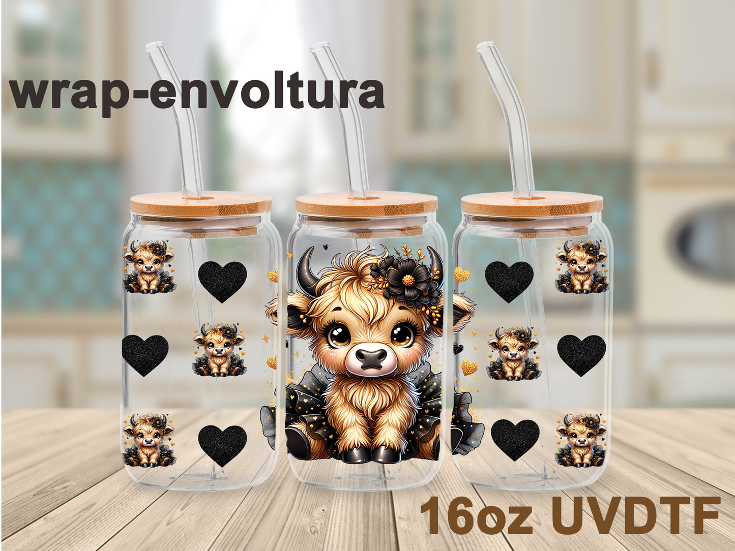 Vaquita de campo negra/Highland cow black uvdtf wrap/envoltura