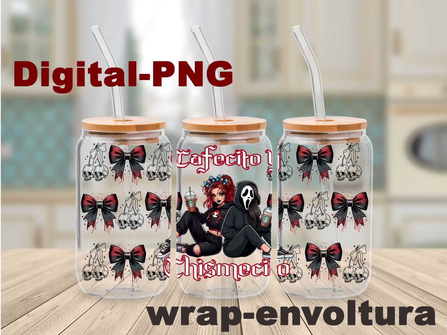 Café y Chismesito Horror girl Digital-PNG wrap/envoltura